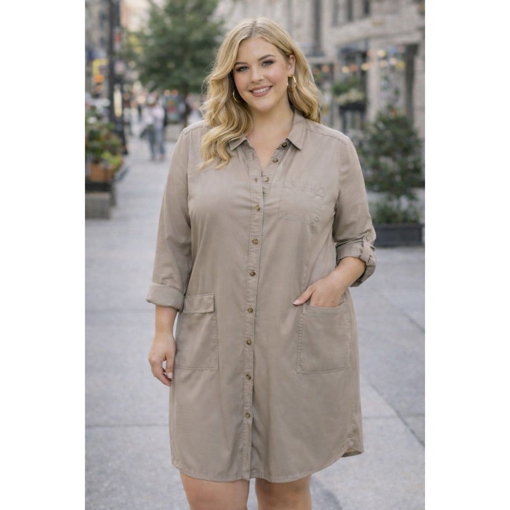 J. Jill Live In Chino Button Up Shirt‎ Dress XL Petite Khaki Tan Safari Utility
